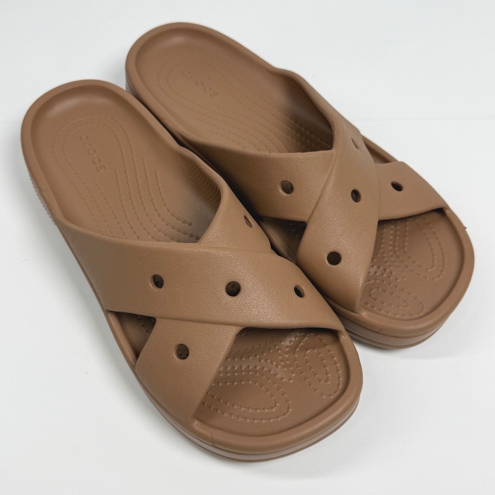 NWOT Crocs Classic Womens Cross Strap Slide Brown Platform Sandals Size 9 Sandal